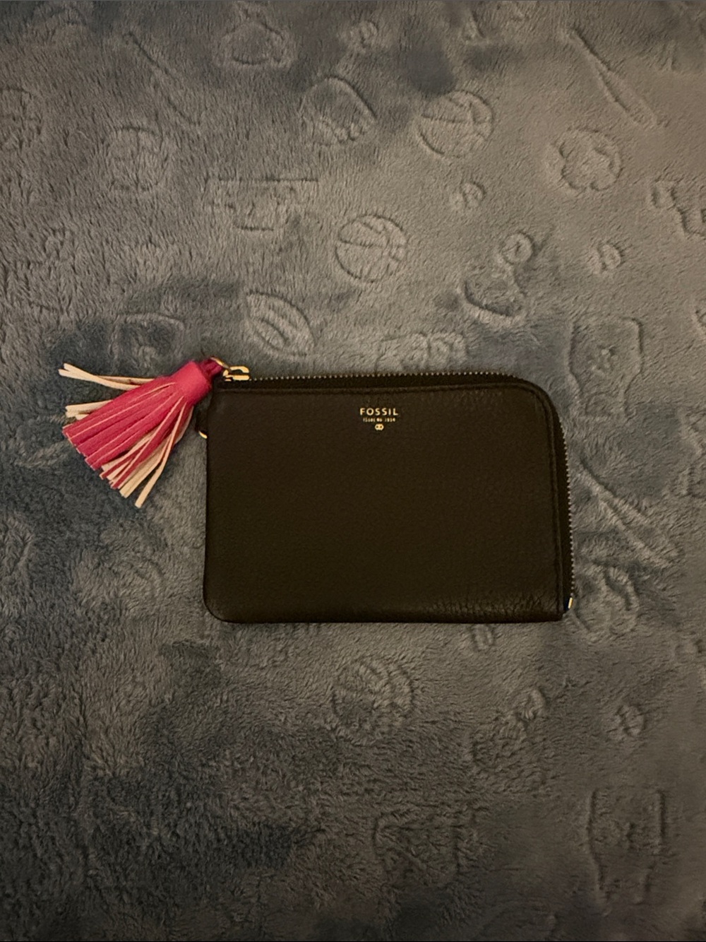 Fossil Black Leather Zip Pouch with Pink Tassel